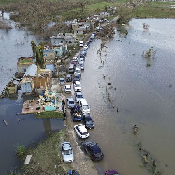 An aerial view shows cars and damaged property in Jamaica