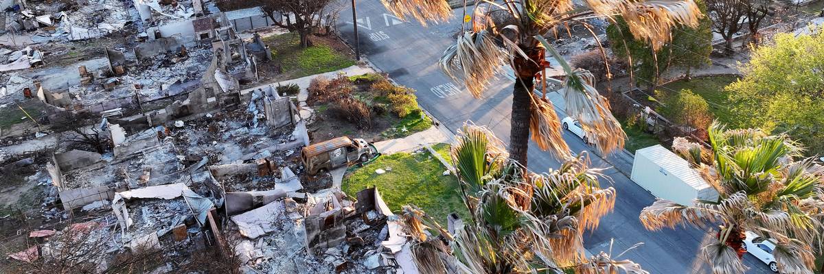 An aerial view shows homes destroyed in the Eaton Fire.