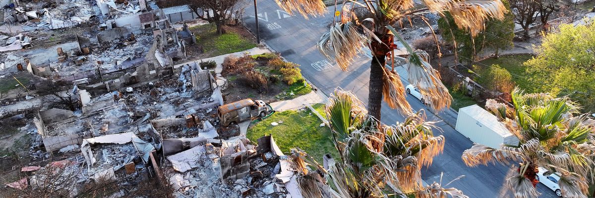 An aerial view shows homes destroyed in the Eaton Fire.