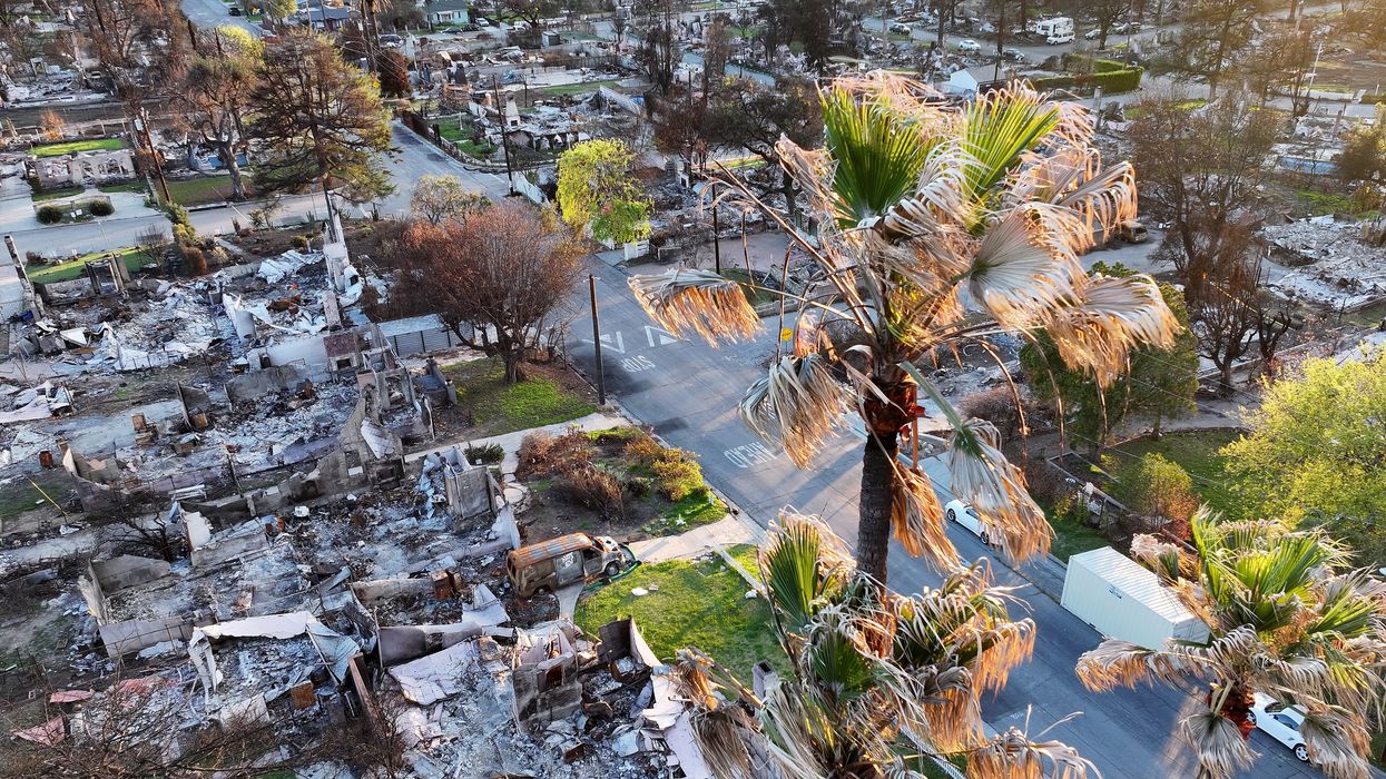 An aerial view shows homes destroyed in the Eaton Fire.
