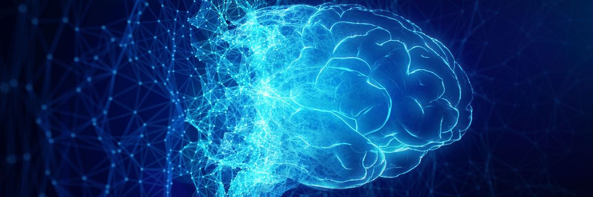 An AI brain rendered in blue light.