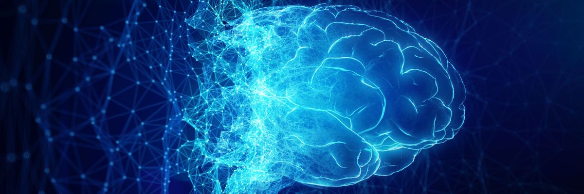An AI brain rendered in blue light.