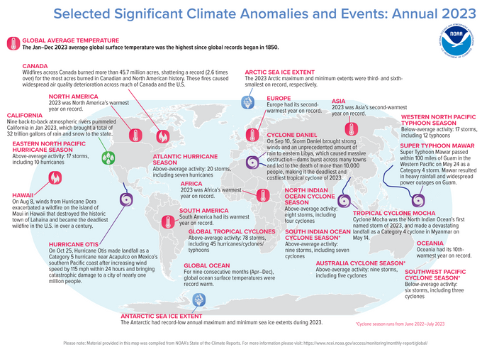 an annotated map of the world plotted with the year's most significant climate events