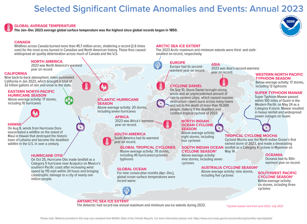 an annotated map of the world plotted with the year's most significant climate events