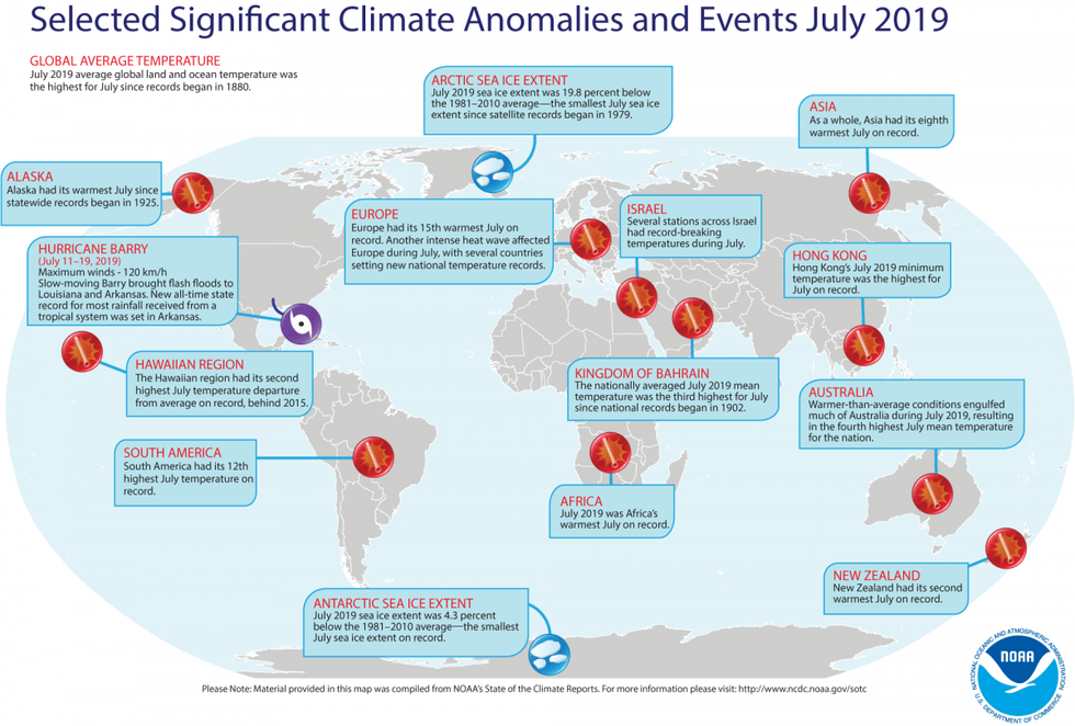 An annotated map of the world showing notable climate events that occurred around the world in July 2019. (Image: NOAA)