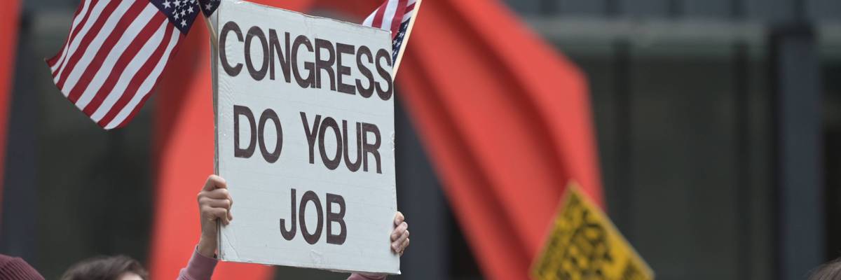 An anti-Iran War protester holds a sign with upside-down US flags reading "Congress do your job"