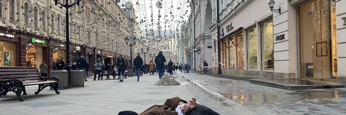 An artist recreated an image of a victim of the Russian's attack on Bucha, Ukraine