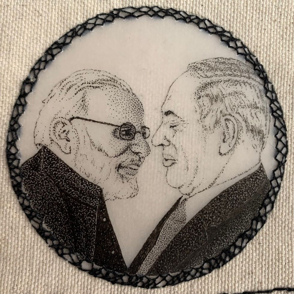 An embroidery of Benjamin Netanyahu and Narendra Modi.