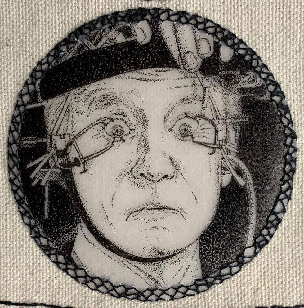 An embroidery of Joe Biden in the style of Clockwork Orange.