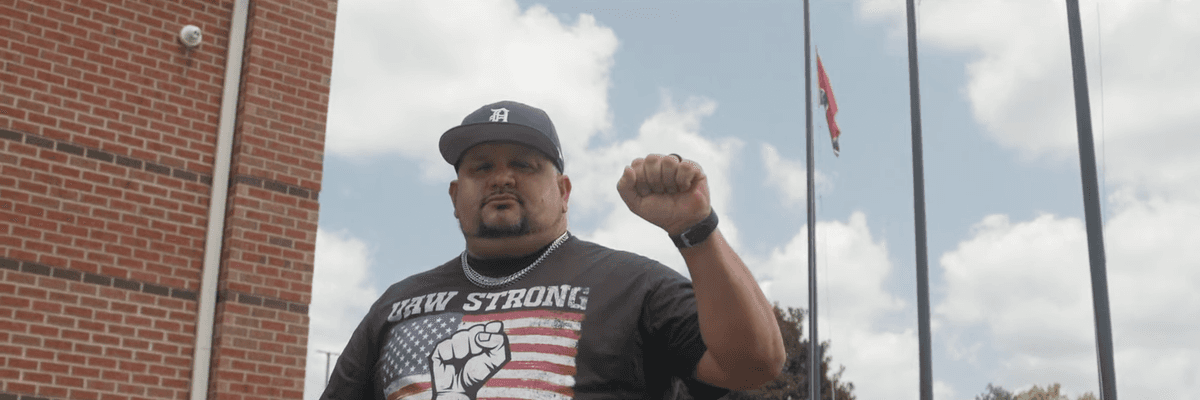 An employee at Ultium Cells, an electric vehicle battery plant in Spring Hill, Tennessee, wears a shirt that reads, "UAW Strong, UAW Proud."