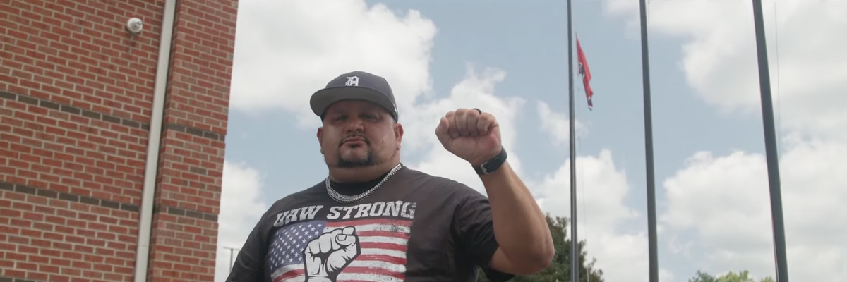 An employee at Ultium Cells, an electric vehicle battery plant in Spring Hill, Tennessee, wears a shirt that reads, "UAW Strong, UAW Proud."