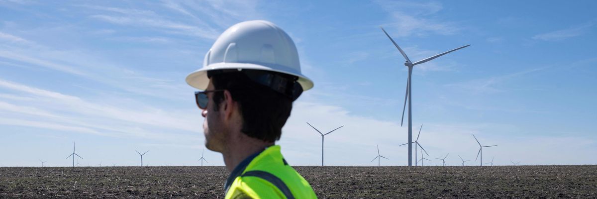 An Engie worker is seen during the dedication of the Limestone Wind Project in Dawson, Texas on February 28, 2023.