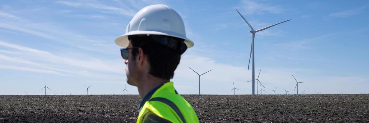 An Engie worker is seen during the dedication of the Limestone Wind Project in Dawson, Texas on February 28, 2023.