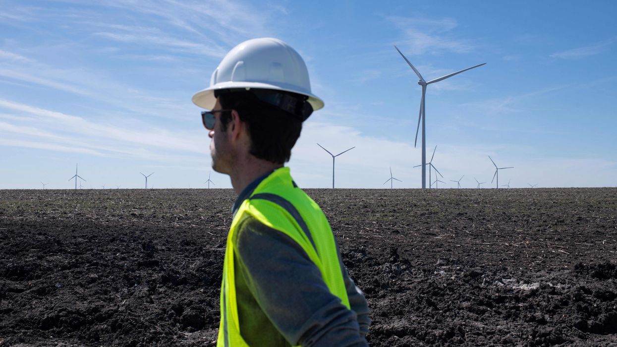 An Engie worker is seen during the dedication of the Limestone Wind Project in Dawson, Texas on February 28, 2023.