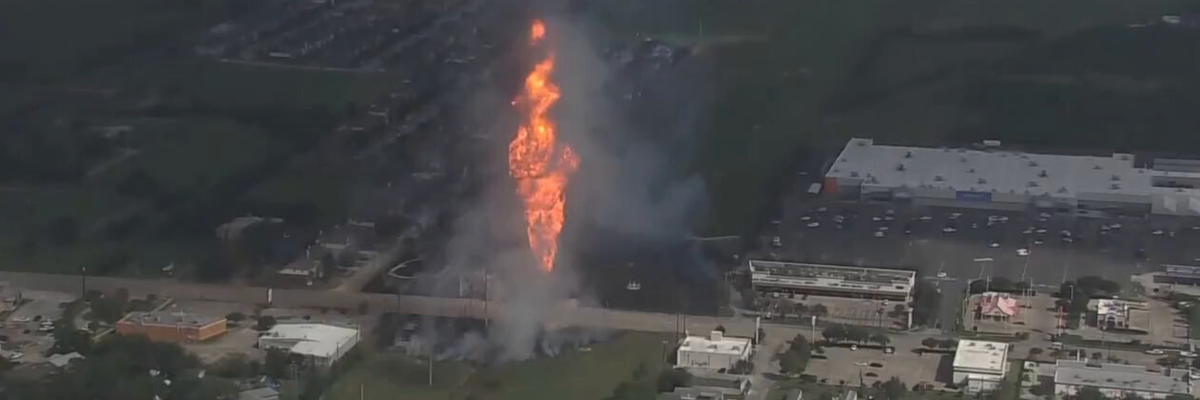 An explosion from a pipeline in La Porte, Texas is seen from above