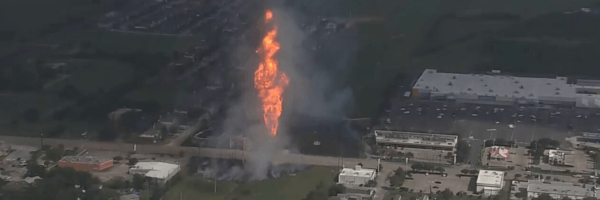 An explosion from a pipeline in La Porte, Texas is seen from above