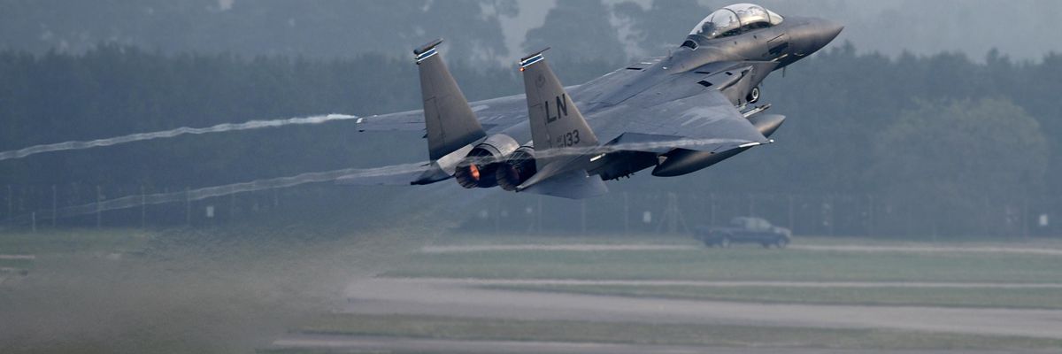 An F-15E Strike Eagle assigned to the 492nd Fighter Squadron takes off from the flightline at RAF Lakenheath, United Kingdom, April 24, 2019.