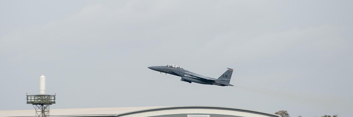An F-15E Strike Eagle of the United States Air Force's 48th Fighter Wing, stationed at RAF Lakenheath in Suffolk, take off from RAF Coningsby in Linolnshire, supported by UK ground crews as part of a training exercise, using what USAF calls Agile Combat Employment concepts. (Photo: Joe Giddens/PA Images via Getty Images)