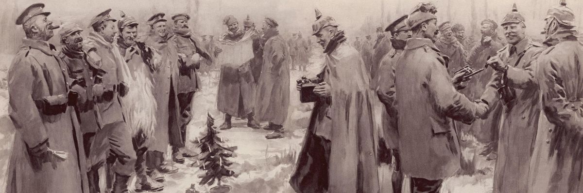 An illustration of the World War I Christmas Truce.