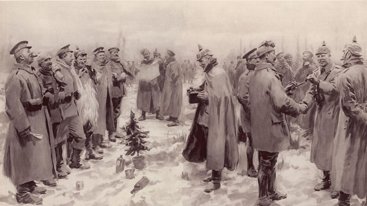 An illustration of the World War I Christmas Truce.
