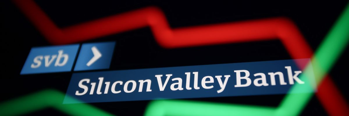 An illustrative stock chart and Silicon Valley Bank logo