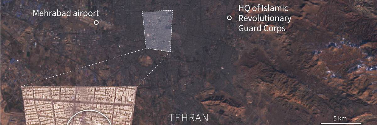 An infographic shows a map of Tehran, zooming in on the compound of Iranian Supreme Leader Ayatollah Ali Khamenei