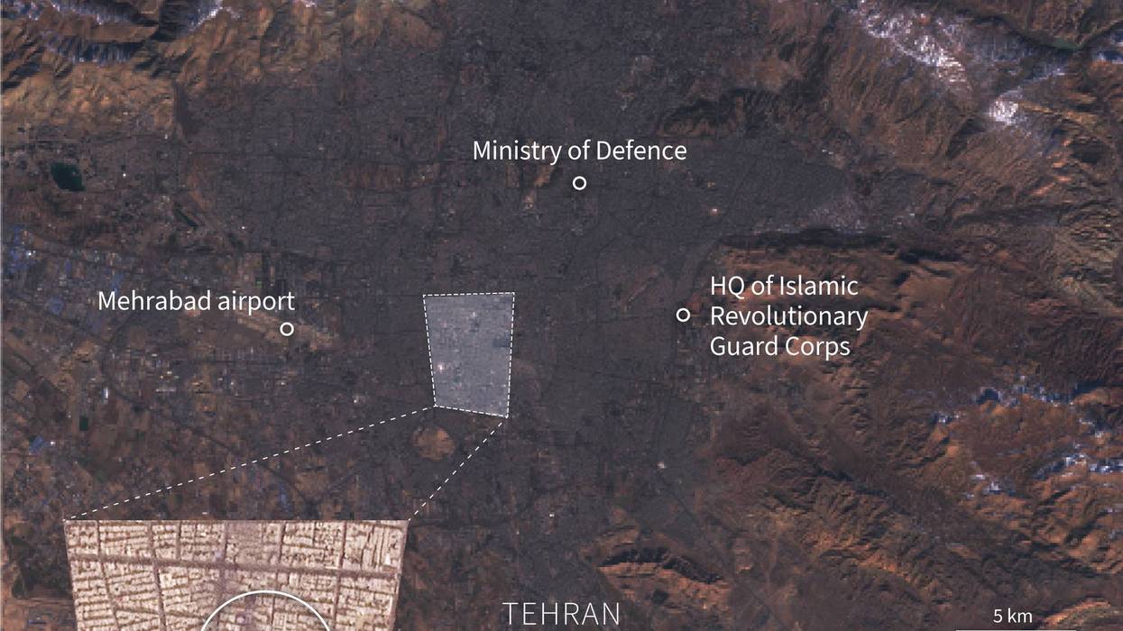 An infographic shows a map of Tehran, zooming in on the compound of Iranian Supreme Leader Ayatollah Ali Khamenei