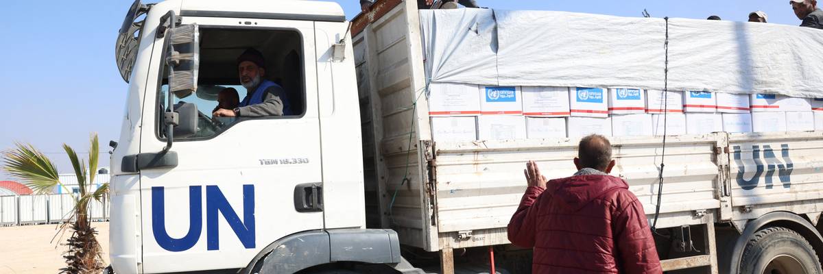 An UN Palestinian refugee agency (UNRWA) truck transports aid for Palestinians