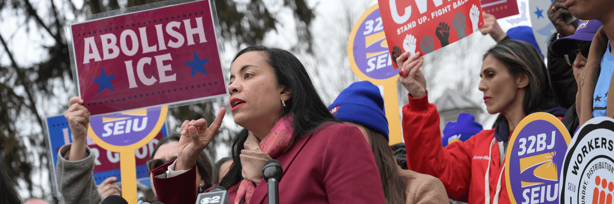 Analilia Mejia speaks at a rally.