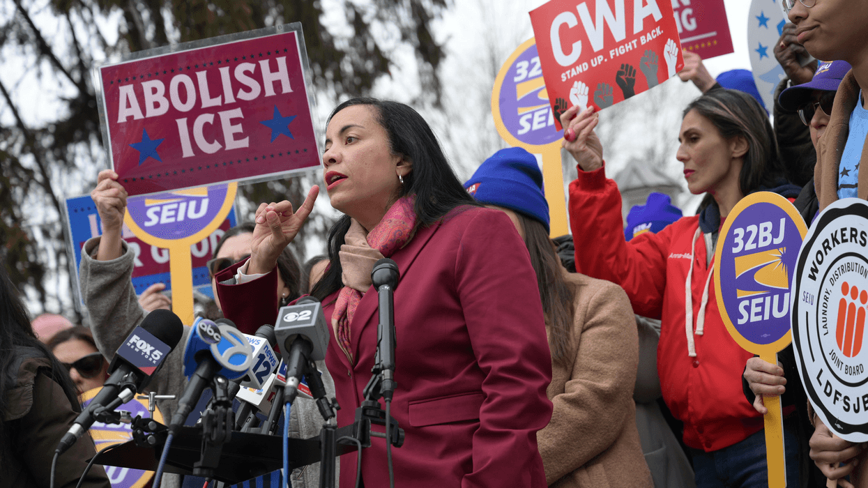 Analilia Mejia speaks at a rally.