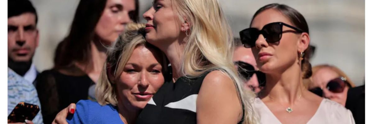 Anouska De Georgiou embraces fellow Epstein survivor Danielle Bensky as Marina Lacerda looks on