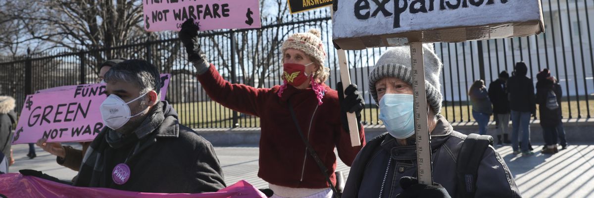 Anti-war protesters gather in front of the White House to demonstrate against escalating tensions between the United States and Russia over Ukraine on January 27, 2022, in Washington, D.C.