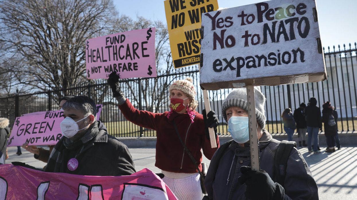 Anti-war protesters gather in front of the White House to demonstrate against escalating tensions between the United States and Russia over Ukraine on January 27, 2022, in Washington, D.C.