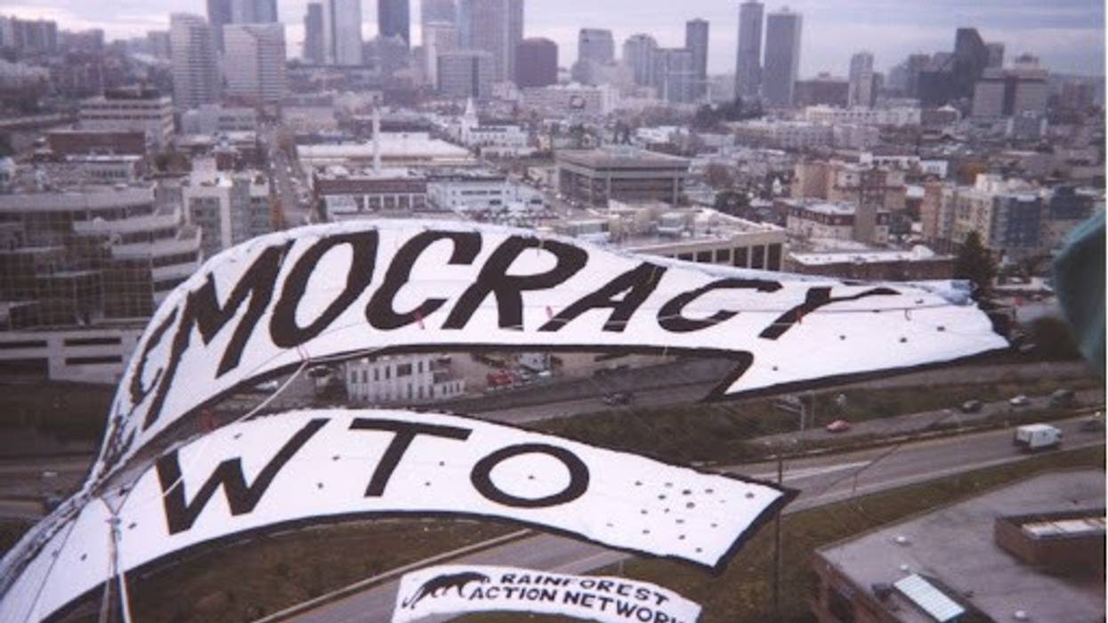 Anti-WTO banner.