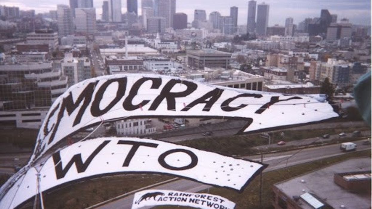 Anti-WTO banner.