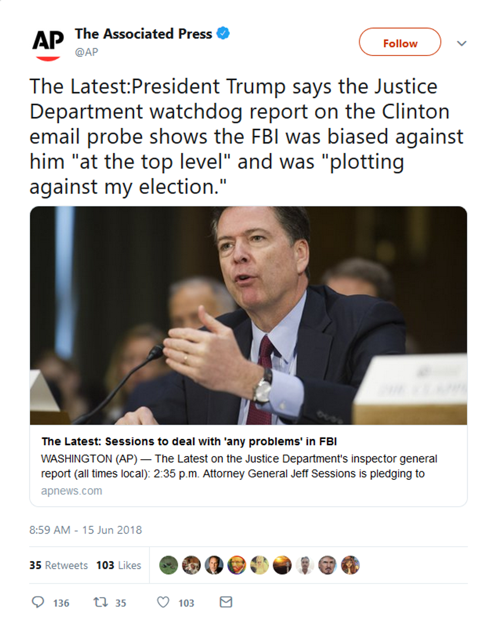 AP: President Trump says the Justice Department watchdog report on the Clinton email probe shows the FBI was biased against him