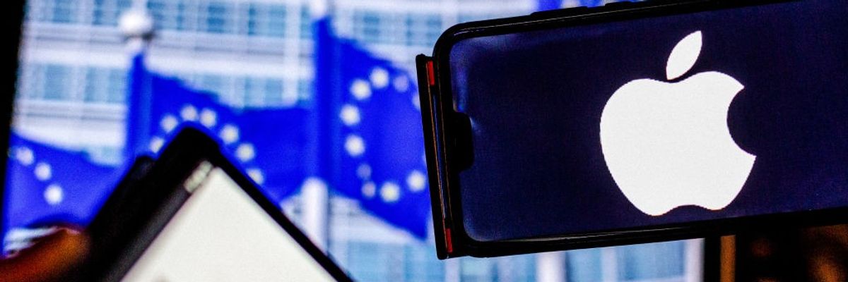 Apple logo near EU flags