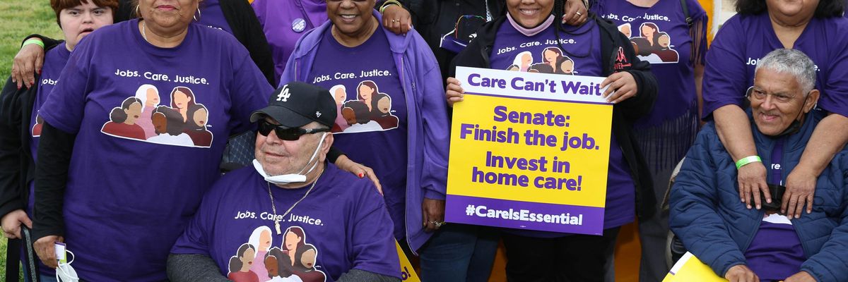 April Verrett, President of Service Employees International Union (SEIU), Local 2015 (C) and supporters attend Home Care Workers Urge Congress To Finish The Job, Protect Medicaid, and Invest in Care on May 05, 2022 in Washington, DC.