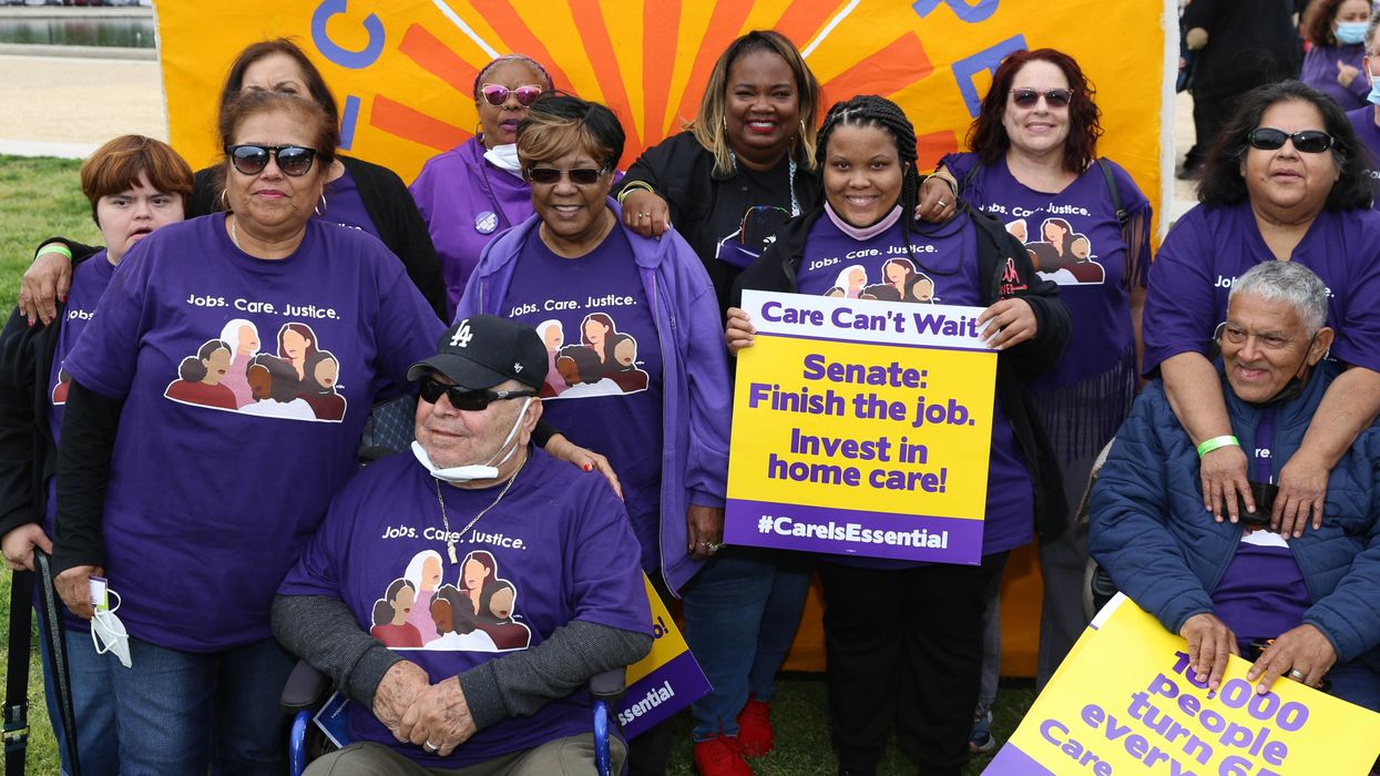 April Verrett, President of Service Employees International Union (SEIU), Local 2015 (C) and supporters attend Home Care Workers Urge Congress To Finish The Job, Protect Medicaid, and Invest in Care on May 05, 2022 in Washington, DC.