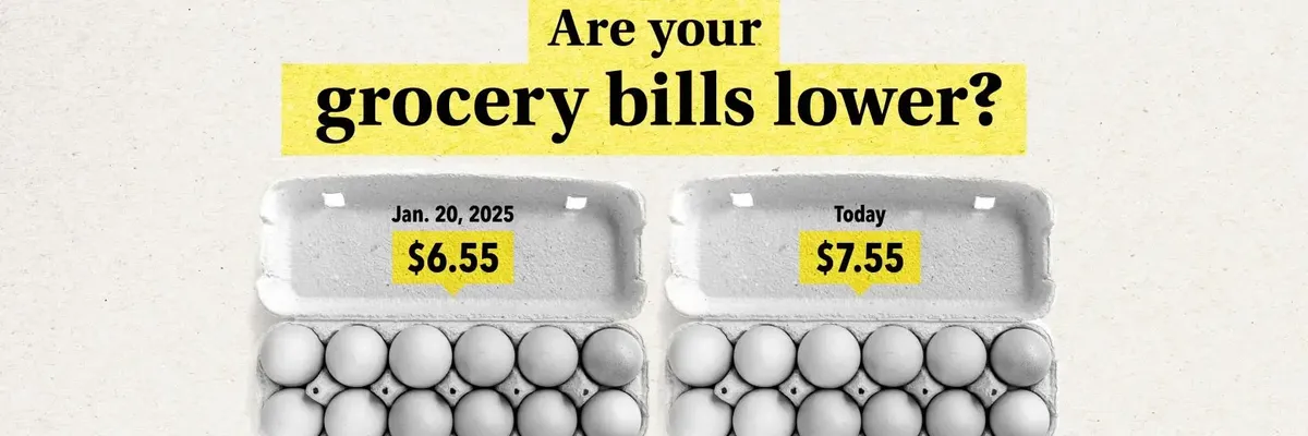 "Are your grocery bills lower?" asks an add about the price of eggs when Trump took office versus today