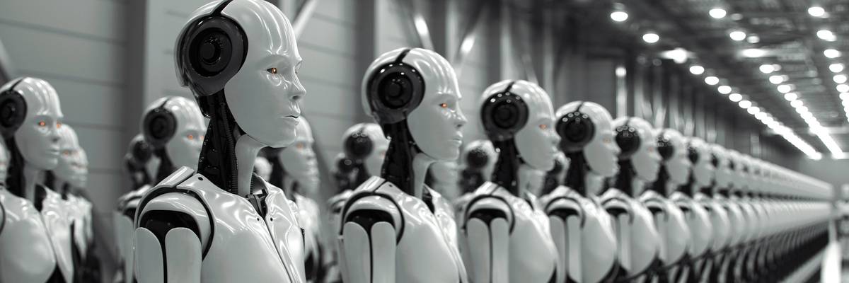 Assembly Line Of Artificial General Intelligence (AGI) Humanoid Robots