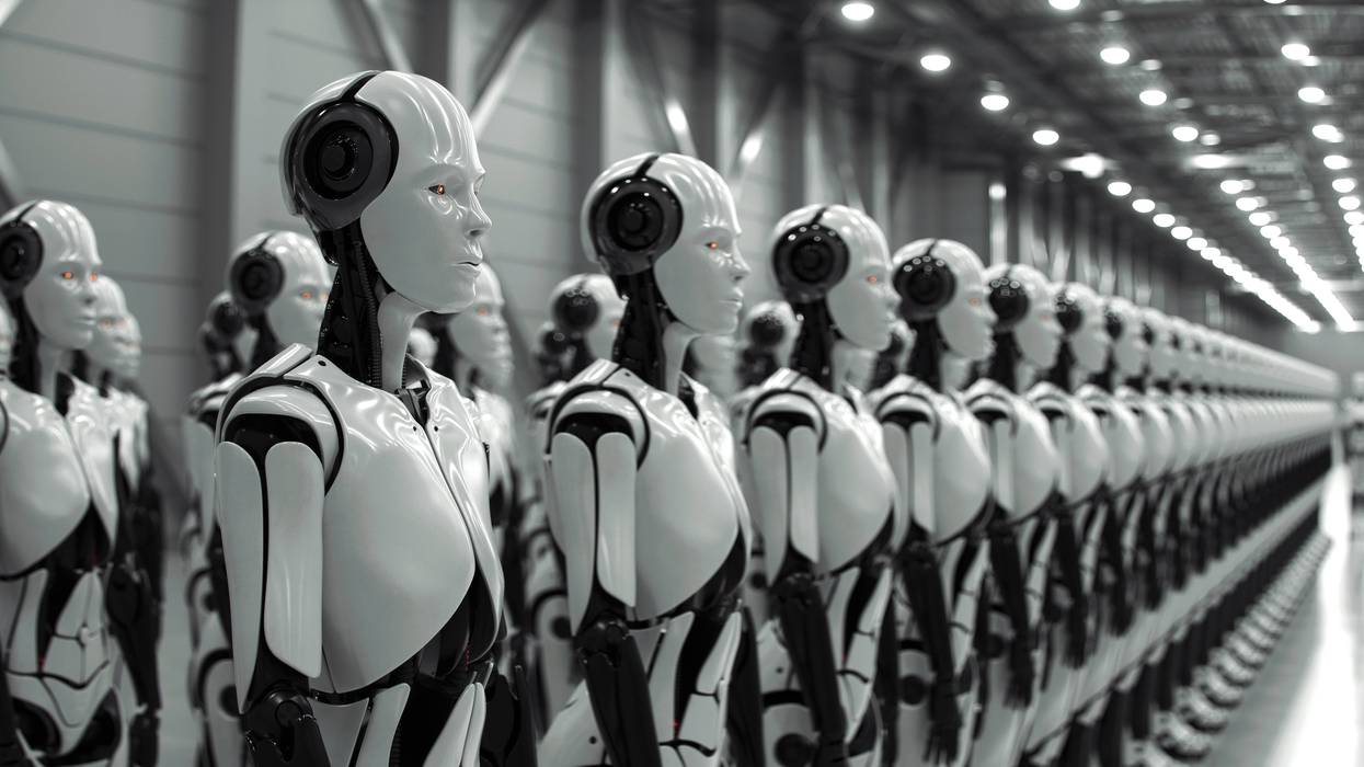 Assembly Line Of Artificial General Intelligence (AGI) Humanoid Robots