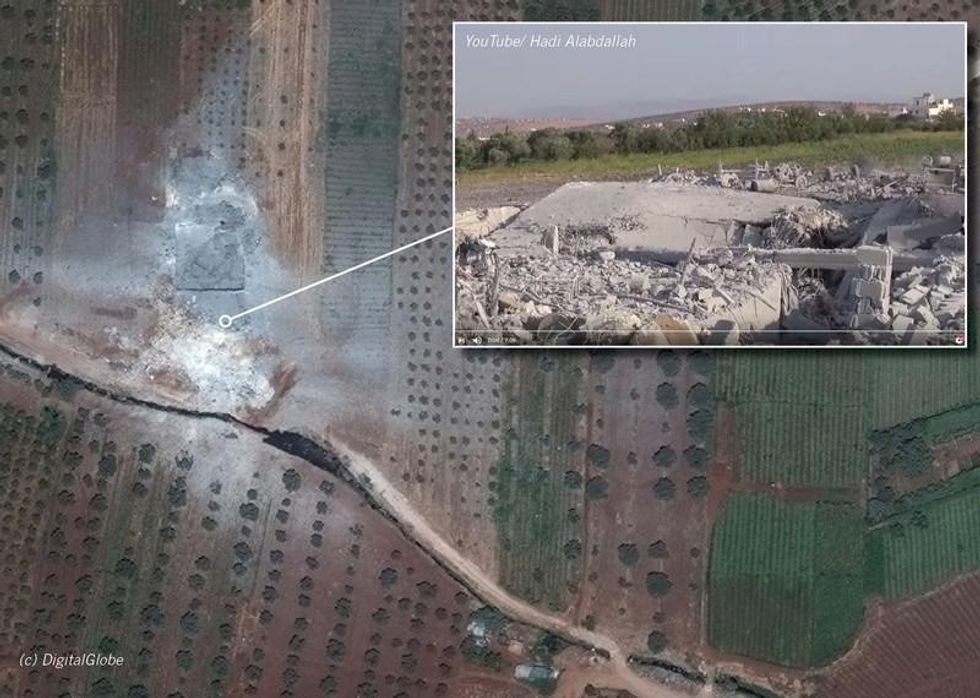 Attack in Atmeh (c)DigitalGlobe. Screenshot via YouTube/Hadi Alabdallah. Graphic produced by Amnesty International