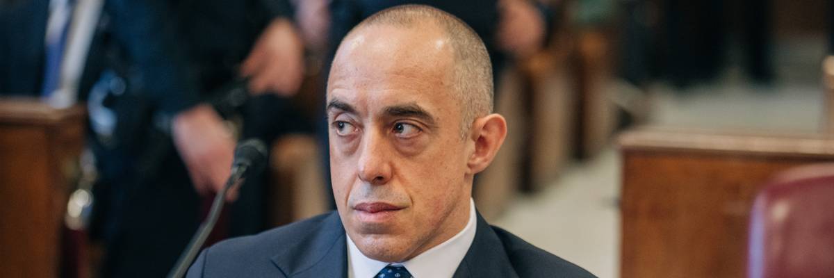 Attorney Emil Bove looks on as U.S. President-elect Donald Trump appears remotely for a sentencing