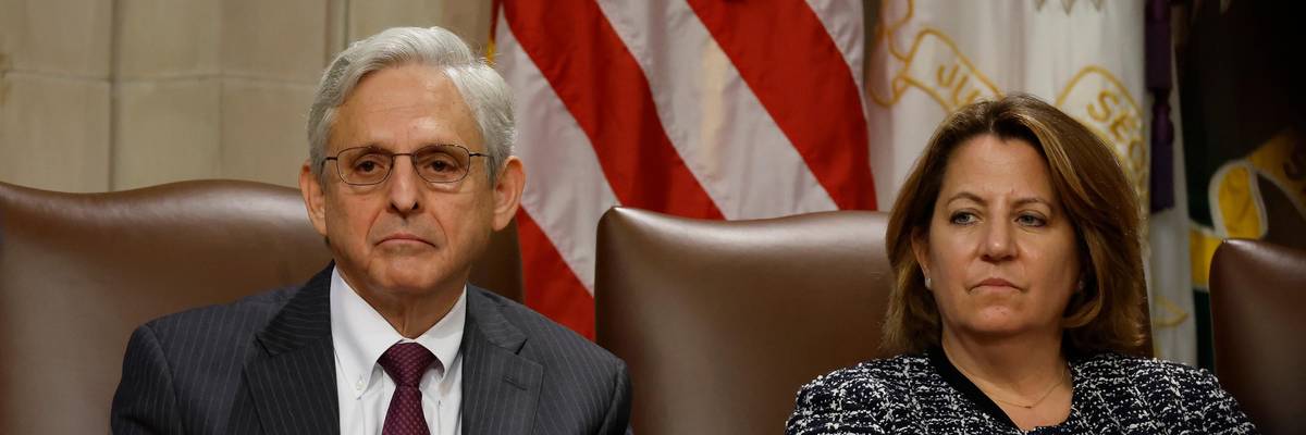 Attorney General Merrick Garland and Deputy Attorney General Lisa Monaco attend a briefing