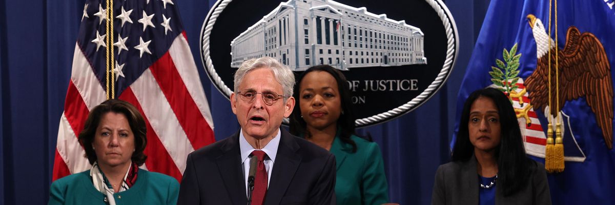 Attorney General Merrick Garland speaks at a news conference, as (L-R) Lisa O. Monaco, deputy attorney general, Kristen Clarke, assistant attorney general for the civil rights division, and Vanita Gupta, associate attorney general, look on at the Department of Justice on June 25, 2021 in Washington, D.C.