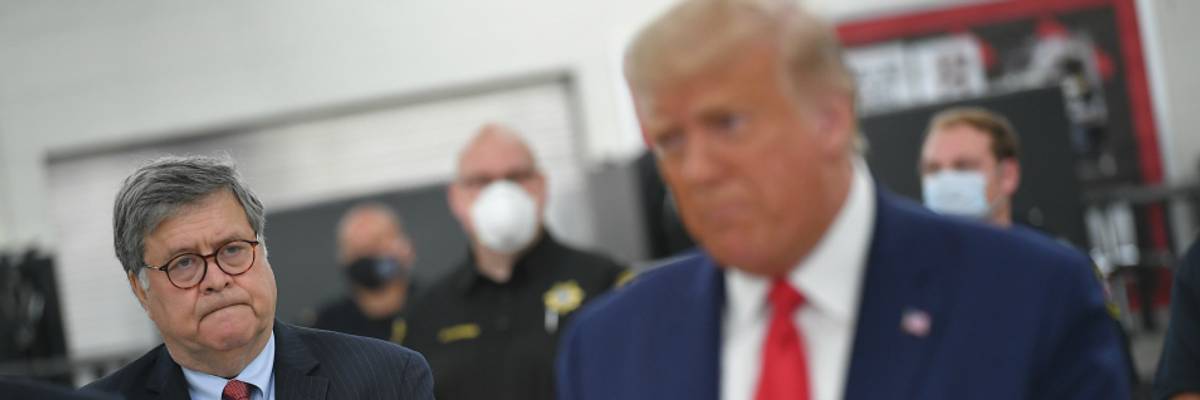 Attorney General William Barr listens to US President Donald Trump