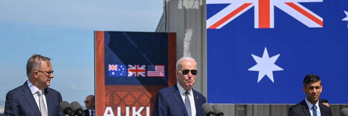 Australian Prime Minister Anthony Albanese, U.S. President Joe Biden, and U.K. Prime Minister Rishi Sunak participate in a joint press conference at Naval Base Point Loma in San Diego, California on March 13, 2023.