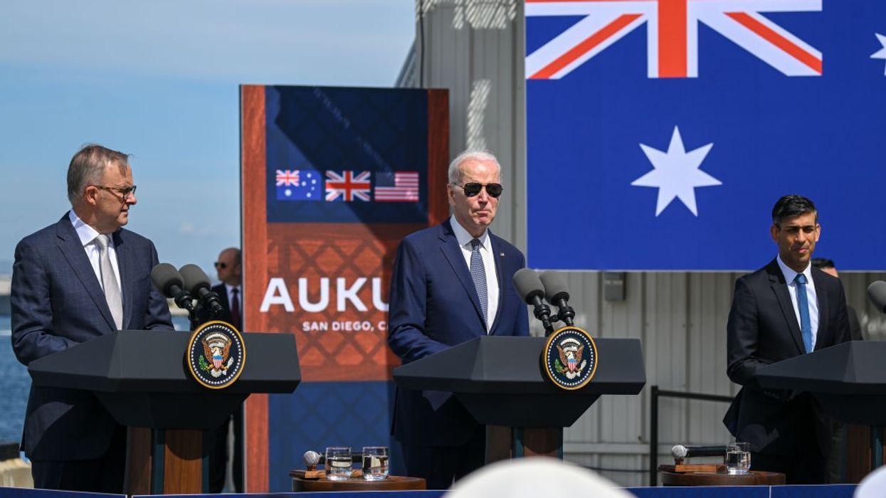 Australian Prime Minister Anthony Albanese, U.S. President Joe Biden, and U.K. Prime Minister Rishi Sunak participate in a joint press conference at Naval Base Point Loma in San Diego, California on March 13, 2023.