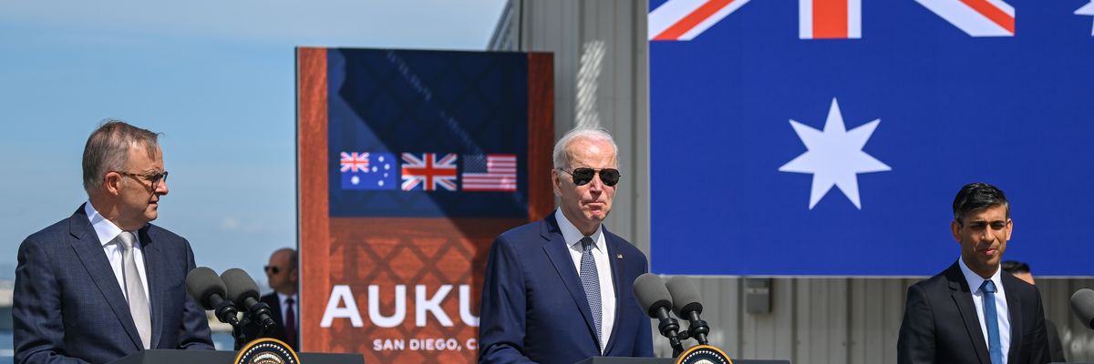 Australian Prime Minister Anthony Albanese, U.S. President Joe Biden, and U.K. Prime Minister Rishi Sunak participate in a joint press conference at Naval Base Point Loma in San Diego, California on March 13, 2023.